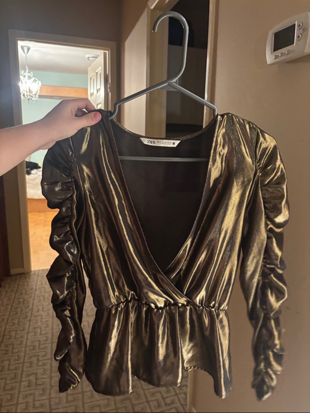 Zara Shimmery Metallic Gold Wrap Blouse